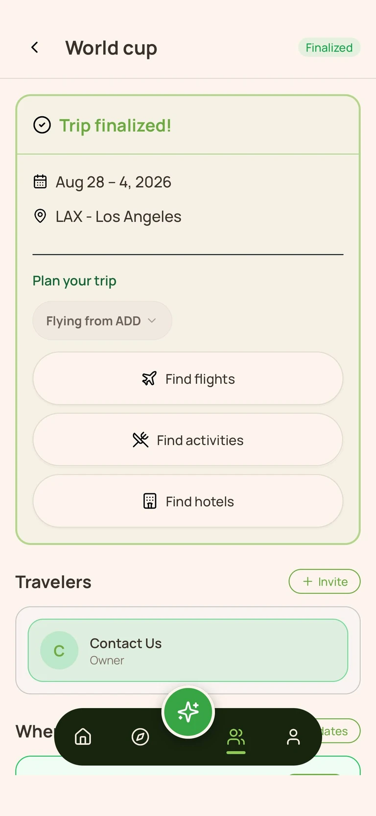 Shared Altovia trip with travelers, flights, stays, and activities