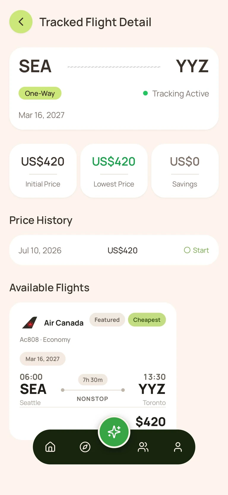 Altovia tracked flight with active price tracking and price history